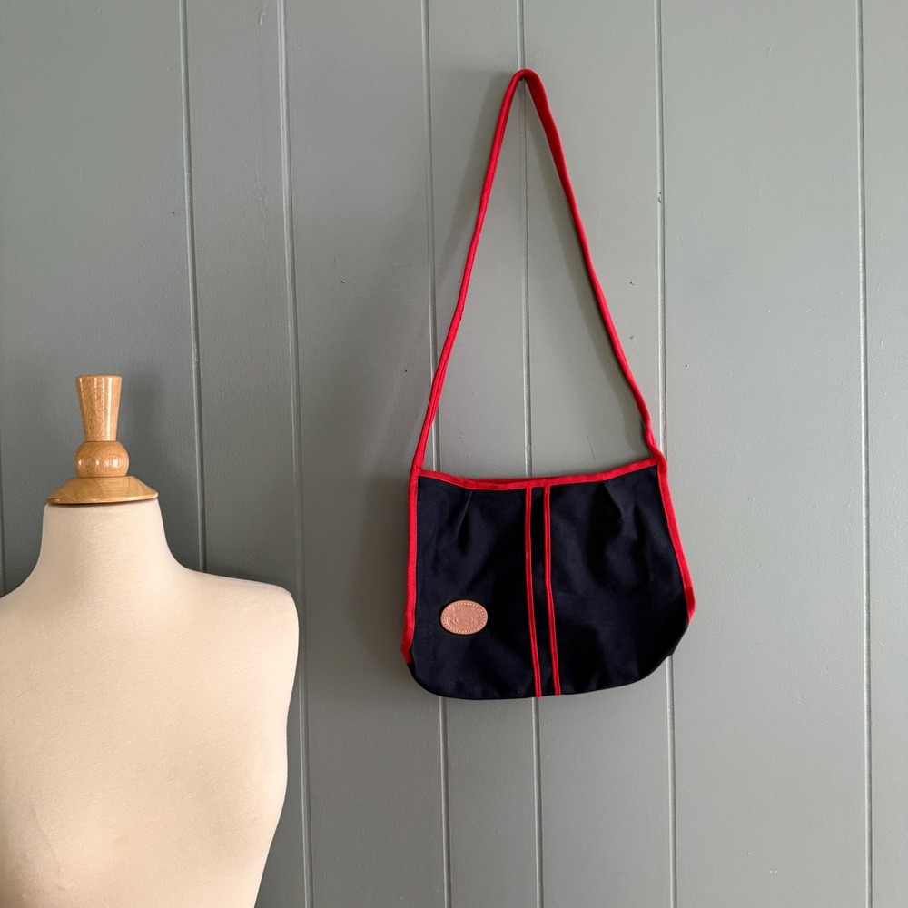 Etienne‎ Aigner Womens Navy Canvas Shoulder Bag Red Trim Preppy Nautical Vintage